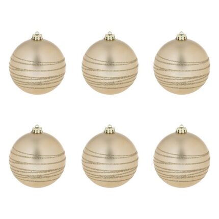 Set 6 globulete pentru bradul de Craciun Shopiens® Sampanie mate cu dungi glitter, 10 cm