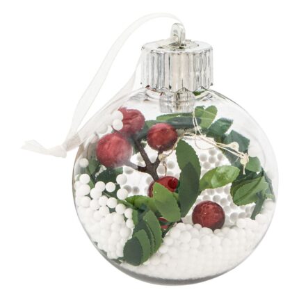 Ornament Brad de Craciun Shopiens®, model Glob Transparent cu Zapada Berries cu bec LED, 8 cm