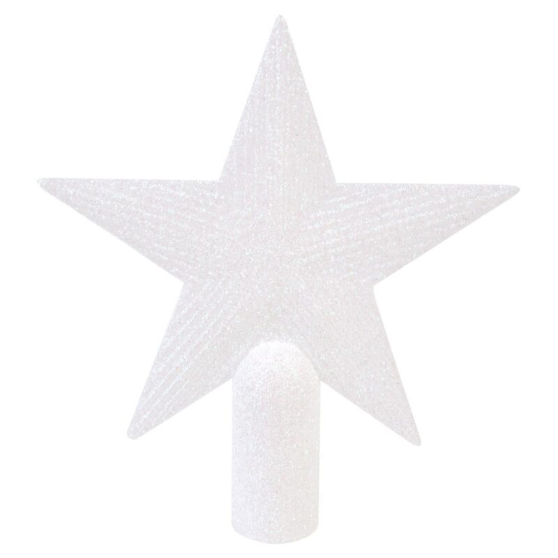 Varf pentru brad Craciun Shopiens® in forma de stea, alba irizata cu aspect glitter, 15 cm