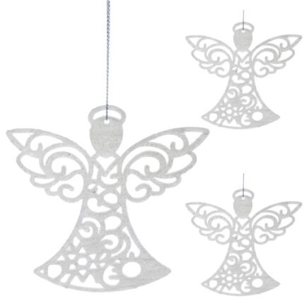 Set 3 ingerasi cu sclipici decorativi brad, Malatec, Plastic, 10 x 9.5 x 0.2 cm, Alb