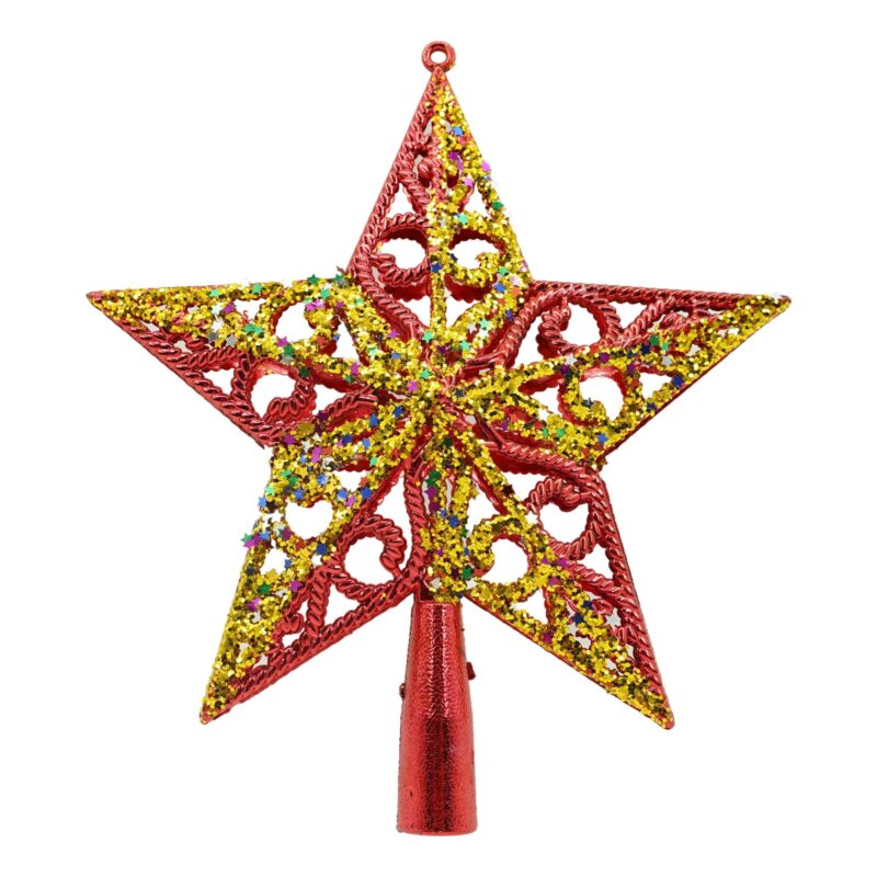 Varf decorativ de brad, Rosu, Auriu, in forma de Stea, design spiralat, din Plastic, 19 cm x 21 cm, Interior,Exterior, Flippy