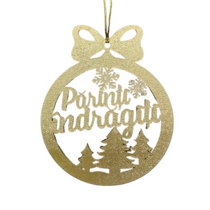 Glob din lemn decorativ personalizat-Parinti indragiti-model rotund brazi si fulgi, fundita, craciun, auriu, 8 cm