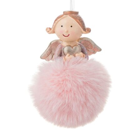 Ornament Brad de Craciun Shopiens®, Ingeras Ceramic cu Blana roz, 11 cm