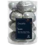 Set 12 decoratiuni Craciun Decoris, ghinda, sticla, 4 cm, alb/argintiu