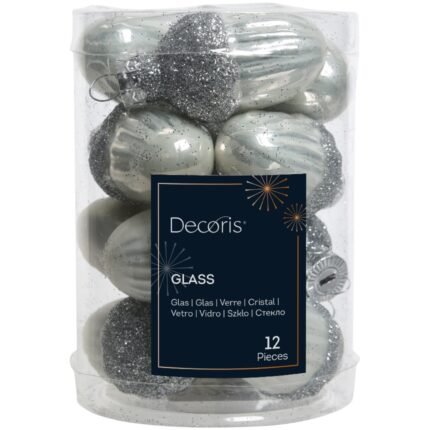 Set 12 decoratiuni Craciun Decoris, ghinda, sticla, 4 cm, alb/argintiu