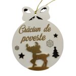 Glob din lemn decorativ personalizat-Craciun de poveste-model rotund cerb, brazi si fulgi, fundita, craciun, alb, 8 cm