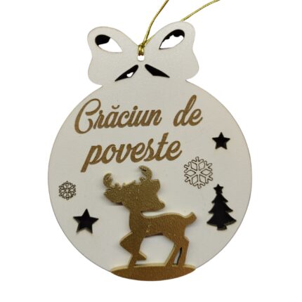 Glob din lemn decorativ personalizat-Craciun de poveste-model rotund cerb, brazi si fulgi, fundita, craciun, alb, 8 cm