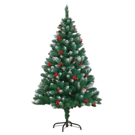 Brad de Craciun artificial, 210 cm, cu conuri si merisoare, PVC, 1000 ramuri/varfuri, suport metalic, Verde/Alb