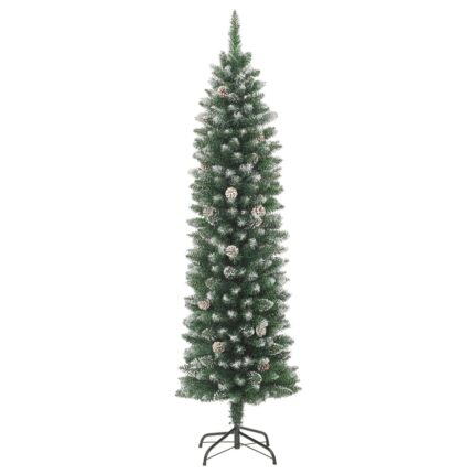 Brad de Craciun artificial slim cu suport vidaXL, Design subtire, 240 cm, Suport robust, Cu zapada alba, PVC