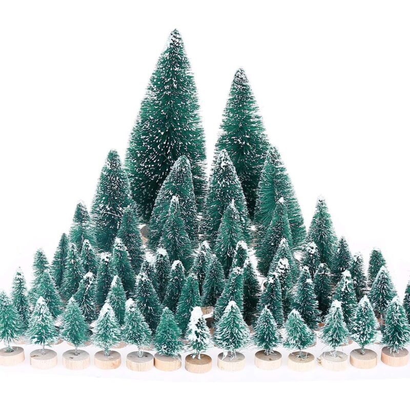 Set 60 bucati Mini Brad de Craciun Artificial, Decorative pentru Masa, Verde, Diverse Dimensiuni