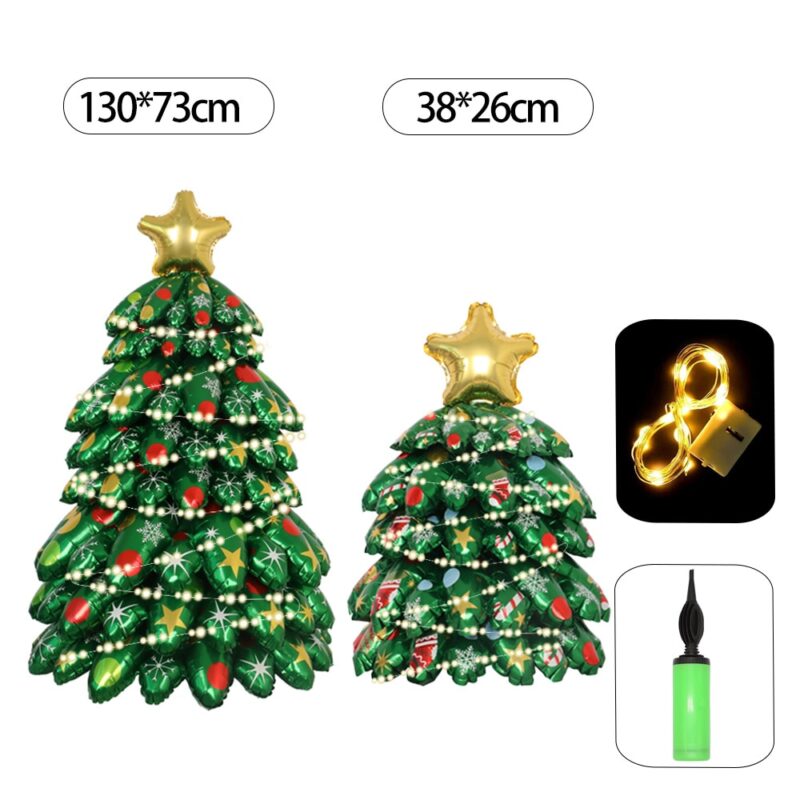 Set 2 bucati Brad de Craciun 3D cu balon de baza, WALALLA, autoportant, cu banda luminoasa si pompa de aer, pentru decorarea petrecerii de Craciun din carnaval de iarna, folie de aluminiu, 130cm+38 cm