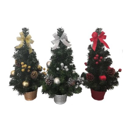 Brad de masa decorat cu conuri de pin colorate, globuri si fundite, 45cm