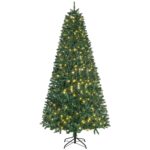 Brad de Craciun artificial HOMCOM 225cm, 450 LED lumini albe calde, 1146 ramuri, verde, baza metalica pliabila