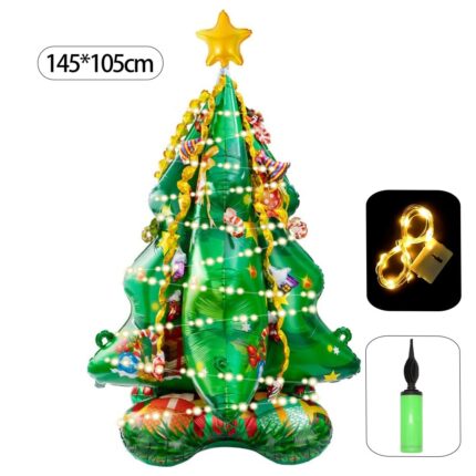 Brad de Craciun 3D de 145 cm cu balon de baza, WALALLA, autoportant, cu stea aurie, cu banda luminoasa si pompa de aer, pentru decorarea petrecerii de Craciun, folie de aluminiu