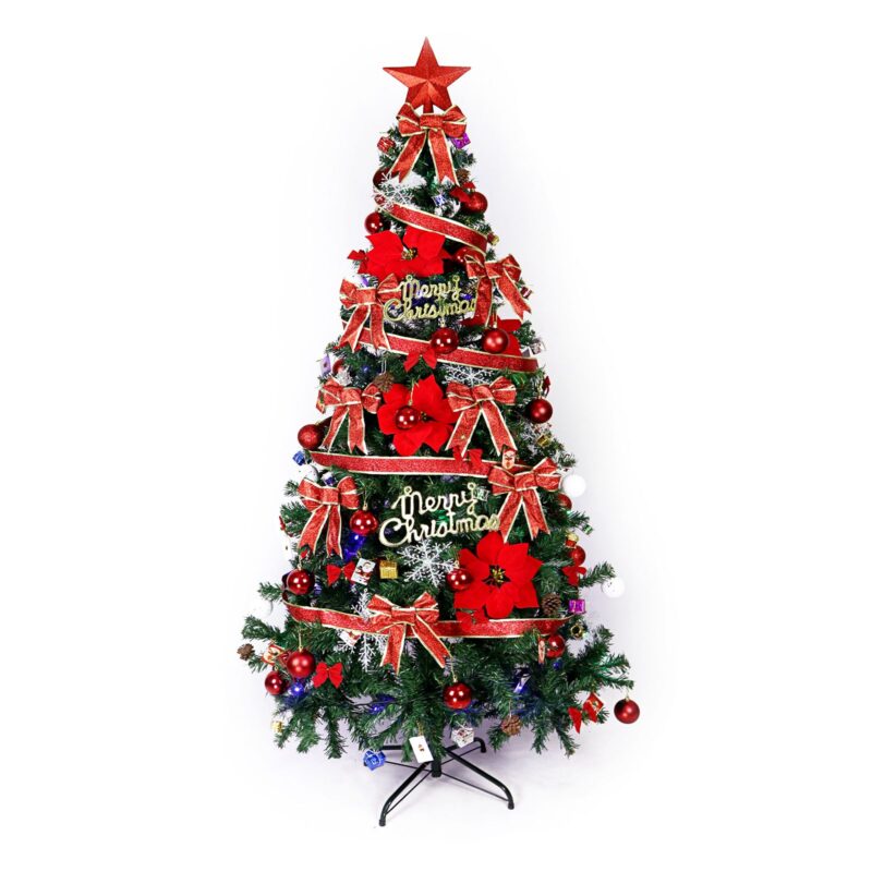 Set brad artificial de Craciun si elemente decorative, decorat Full, inaltime 180 cm, verde, suport metalic inclus