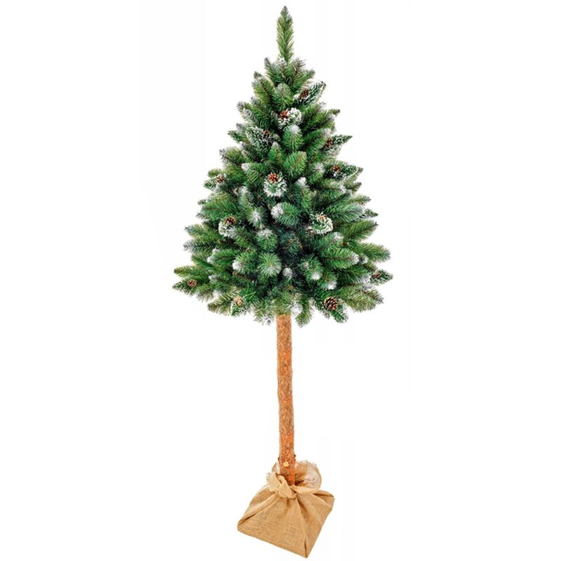 Brad artificial Christmas Deluxe by Sersimo, cu suport pe trunchi de lemn, nins cu conuri, 220cm