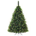 Brad Artificial de Craciun cu Sclipici si Conuri, Decoking, Pin, Suport Inclus, 150 cm, Verde/Auriu