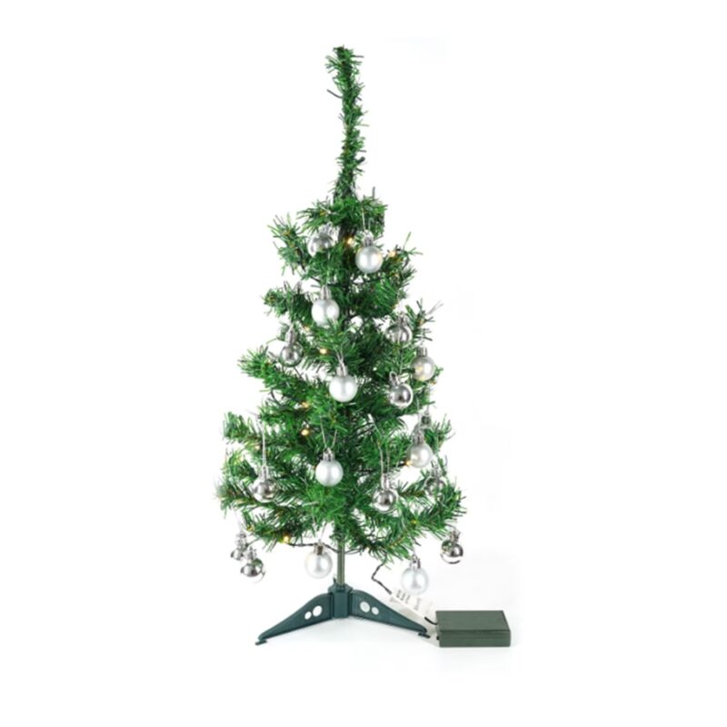 Brad artificial 60 cm impodobit cu suport plastic si instalatie luminoasa 20 led-uri alb cald si 20 globuri argintii