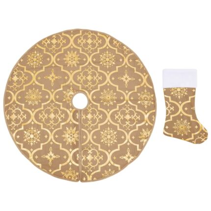 Set Covor fusta si soseta pentru brad de Craciun vidaXL, Tesatura, 122 cm, Galben