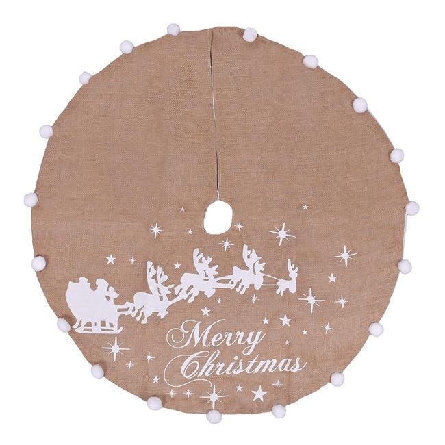 Covor pentru bradul de Craciun din iuta, model reni si mesaj Merry Christmas, 90 cm