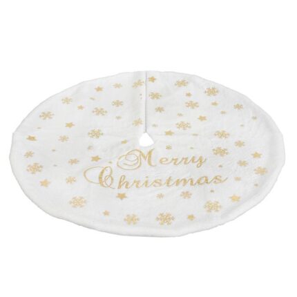 Covoras decorativ pentru bradul de Craciun, alb cu mesaj Merry Christmas si stelute aurii, diametru 90 cm