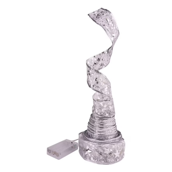 Panglica luminoasa pentru bradul de Craciun, BZRSH, 50 leduri, 5 m, argintie cu lumina alb calda, 8 programe, impermeabil IP45