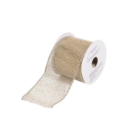Panglica decorativa pentru bradul de Craciun, sclipici auriu, model plasa, 5m x 38mm