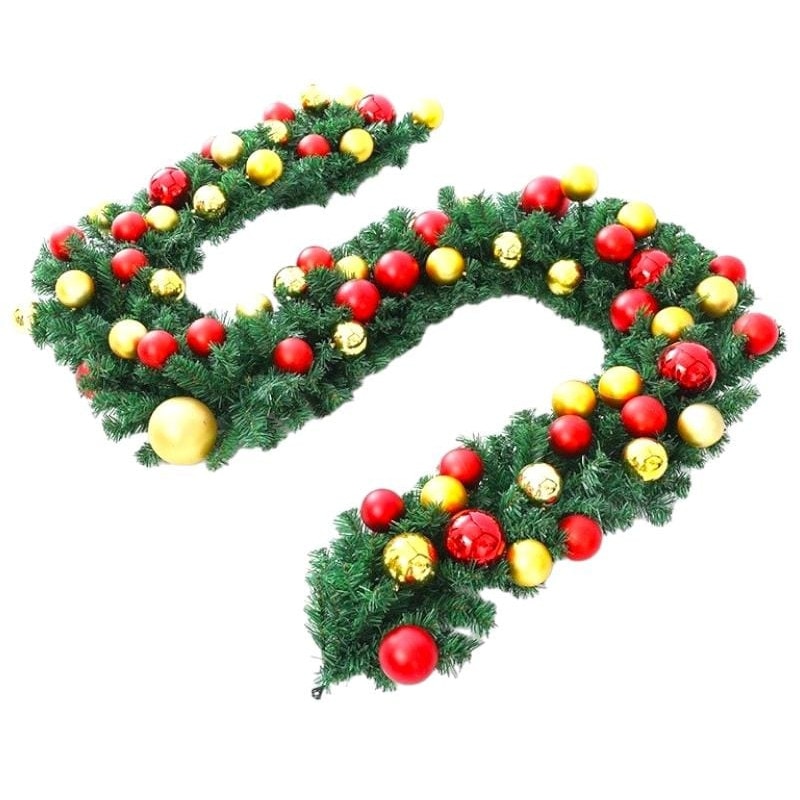 res_ba1deeb7a0efe10ae5d012b07041c1d7 Ghirlanda pentru Craciun din brad artificial, decorata cu globuri rosii si auri, 270 cm, Verde cu irizatii