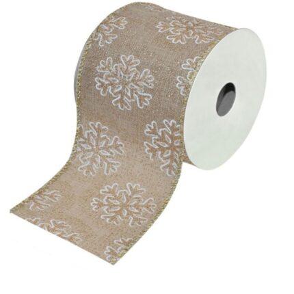 Panglica decorativa, pentru bradul de Craciun, sau ambalarea cadourilor, fulgI de nea, bej/alb/auriu, 5 m x 63 mm