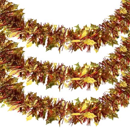 Ghirlanda Decorativa Craciun, Tinsel, Lungime 3m, Latime 8cm, Culoare Rosu Auriu, Material Plastic