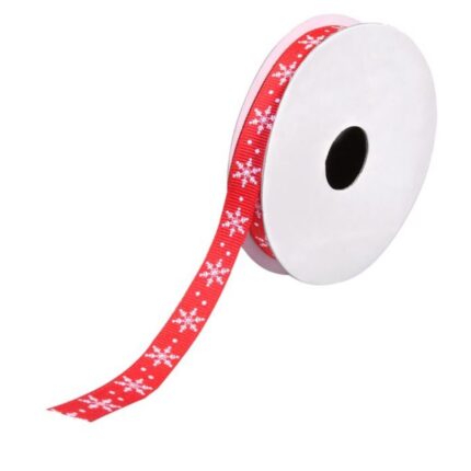 Panglica decorativa pentru pomul de Craciun, model fulgi albi de nea, rosu, 5 m x 9 mm