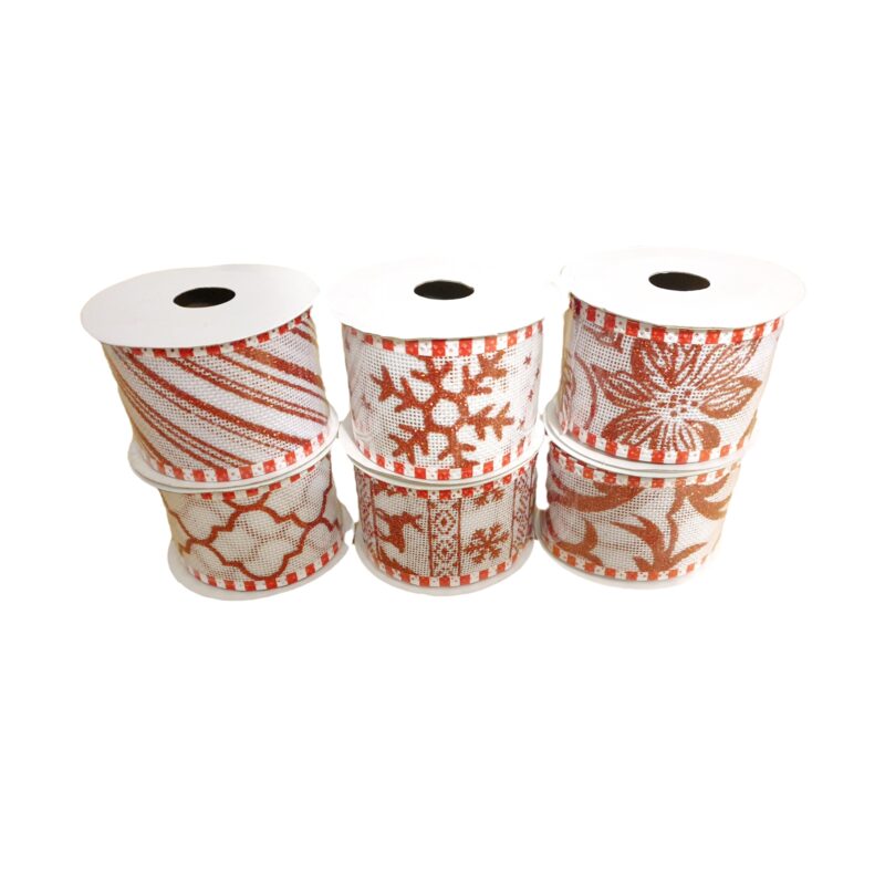 Set 6 Panglici Decorative pentru Craciun, Latime 5.0 cm, Lungime 2.5 m, Alb/Rosu