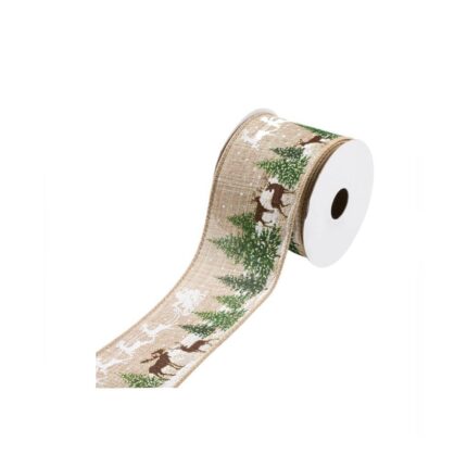 Panglica decorativa pentru bradul de Craciun, bej cu imagine de Craciun, 5m x 63mm