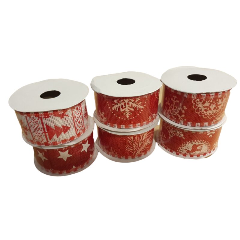 Set 6 Panglici Decorative pentru Craciun, Latime 3.8 cm, Lungime 2.5 m, Rosu/Alb