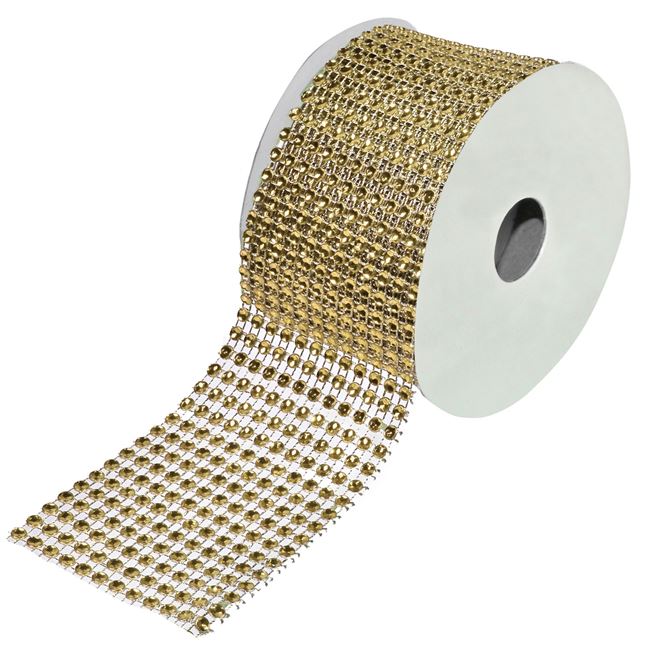 Panglica Decorativa pentru Craciun Shopiens®, model Sampanie cu Strass, 4 m x 60 mm