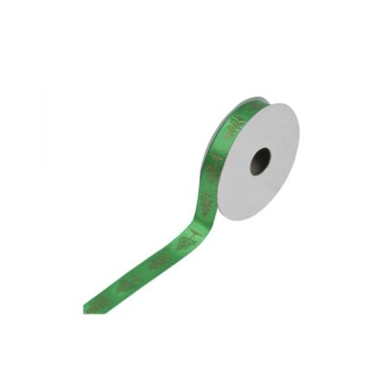 Panglica decorativa pentru bradul de Craciun, verde cu brazi aurii, 5m x 15mm