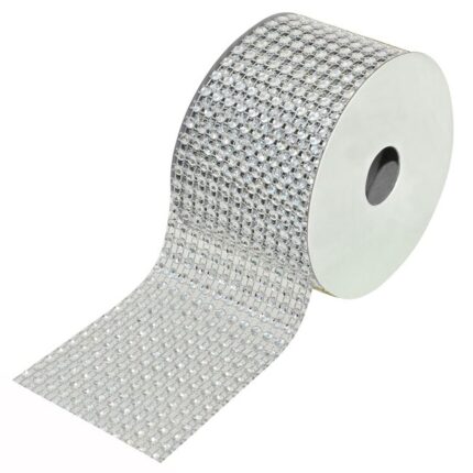 Panglica Decorativa pentru Craciun Shopiens®, model Strass Argintiu, 4 m x 60 mm