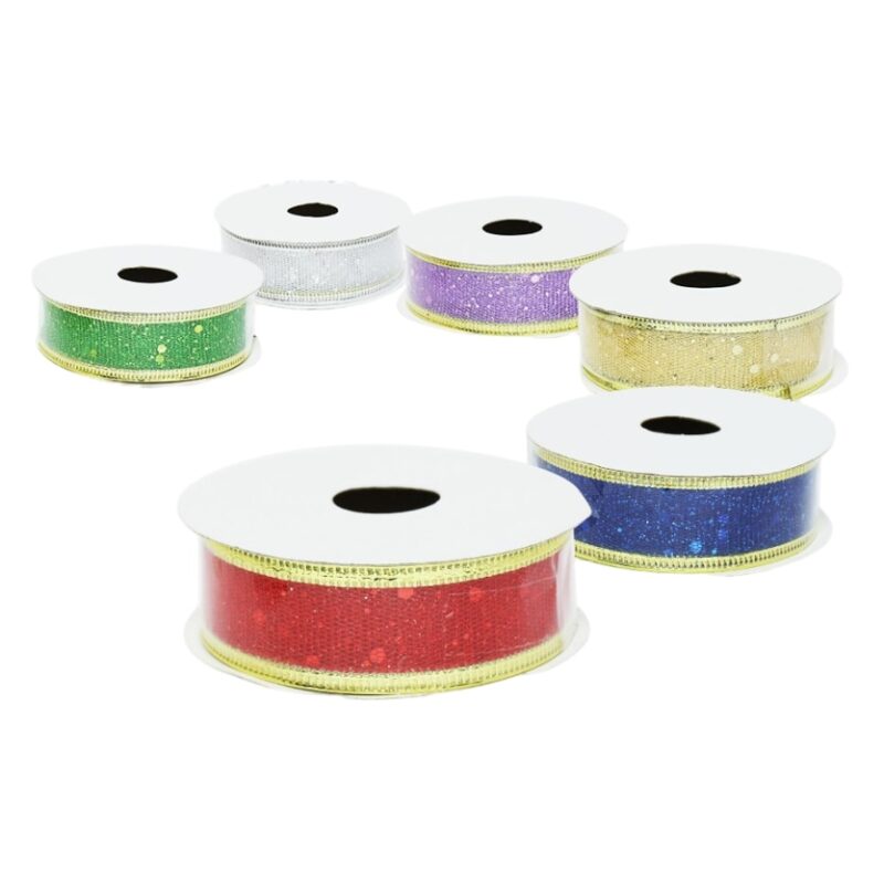 Set 6 Panglici Decorative pentru Craciun Cu Sclipici, Latime 2.5 cm, Lungime 2.5 m, Multicolor