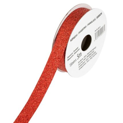 Panglica Decorativa pentru Craciun Shopiens®, model Rosie cu Glitter, 5 m x 15 mm