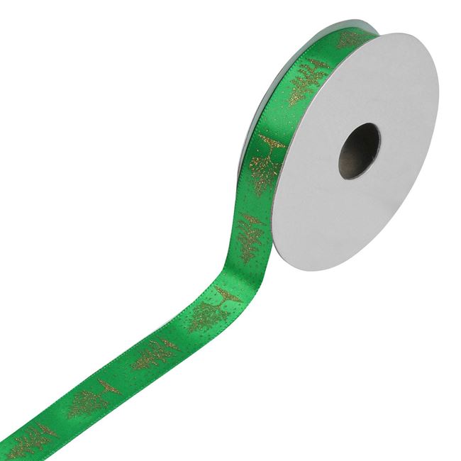 Panglica Decorativa pentru Craciun Shopiens®, model Verde cu Brazi Aurii, 5 m x 15 mm