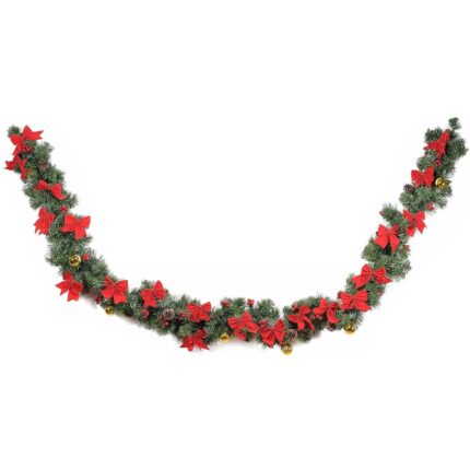 Ghirlanda brad artificial cu fundite rosii si globuri aurii 270 cm