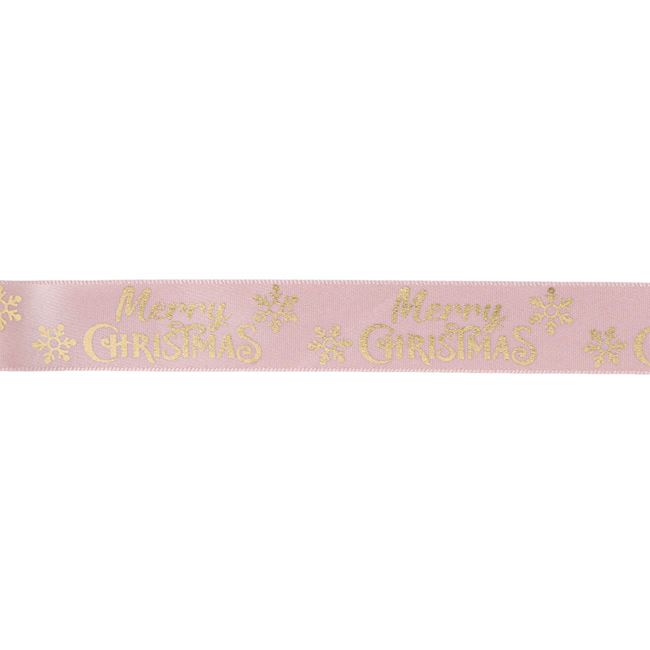 Panglica Decorativa pentru Craciun Shopiens®, model Roz Aurie Merry Christmas, 5 m x 21 mm