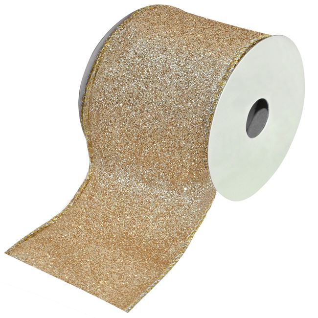 Panglica Decorativa pentru Craciun Shopiens®, model Sampanie Glitter, 5 m x 63 mm