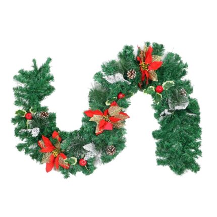 Ghirlanda de Craciun, SYWA-0321138, verde, flori rosii, cu conuri, 1.8 metri