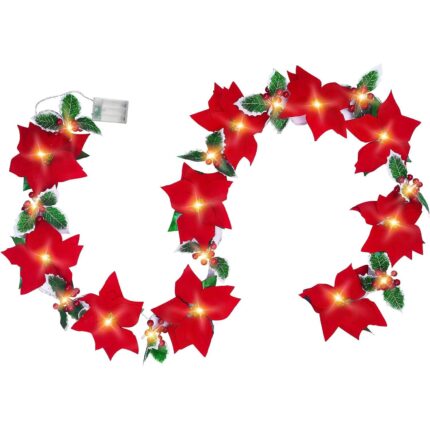 Ghirlanda de Craciun Cozevdnt, Poinsettia cu LED-uri, 9.8ft, rosu, baterii