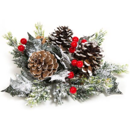Aranjament decorativ pentru masa de Craciun, model coronita de pus lumanare cu conuri si fructe, 18 cm, Multicolor