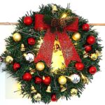 Corona de Craciun cu 20 LED-uri, fundite rosii si clopotei, 30cm, decorativa pentru interior si exterior