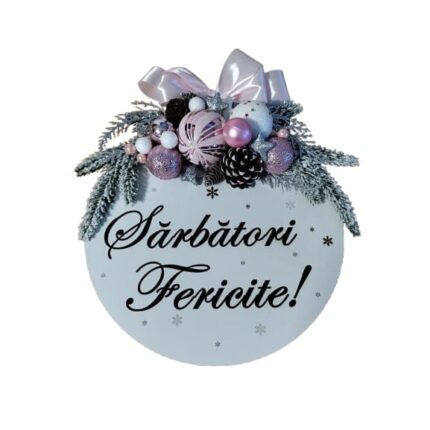 Coronita decorativa pentru usa de Craciun cu mesajul Sarbatori fericite alb cu roz 28/30 cm