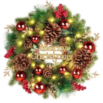Coronita de Craciun Sunmostar, decoratiuni aurii, conuri de pin, LED alb cald, verde, 43cm