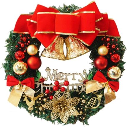 Coroana de Craciun QttvbTna, decor arc rosu, clopotei aurii, 30cm
